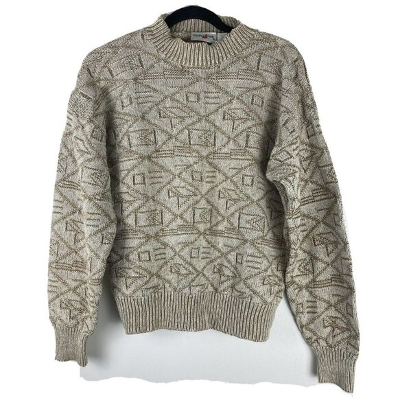 Vintage 3D Knit Grandpa/Dad Sweater 80s/90s Beige Tan Oversized Small S - Picture 1 of 5